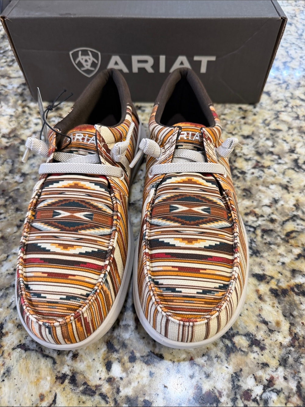 Ariat Men's Slip-On Loafers in Brown, Cream, Red and Black Aztec Stripe